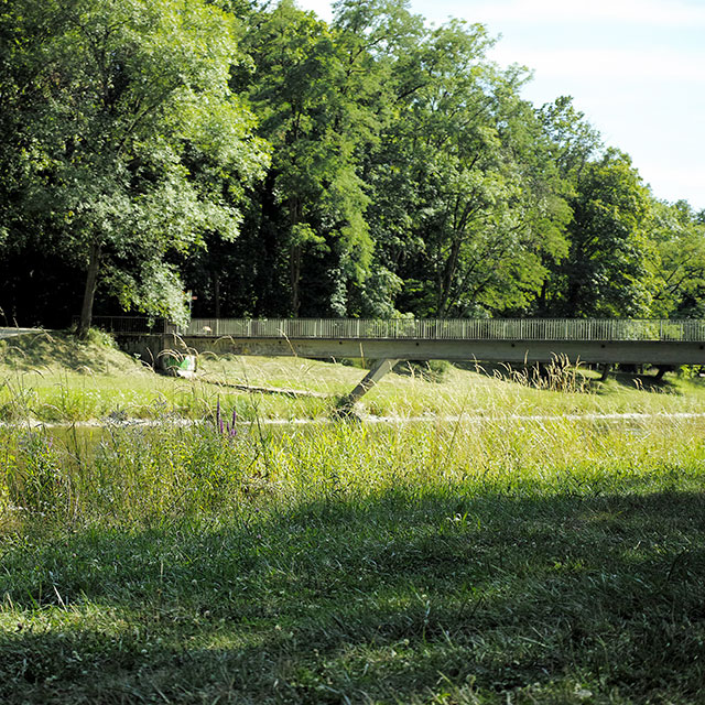 Grüne Wiese im Vordergrund, Wiesen-Brücke im Hintergrund.